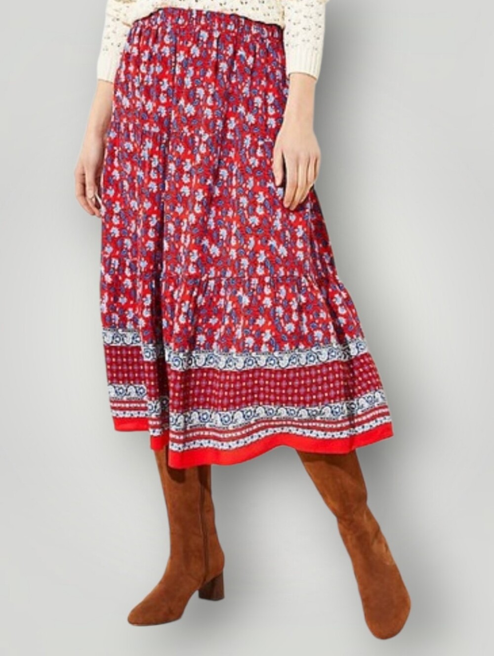 LOFT Maxi Skirt Small Red Blue Floral Boho Tiered Border Print Prairie Cottageco